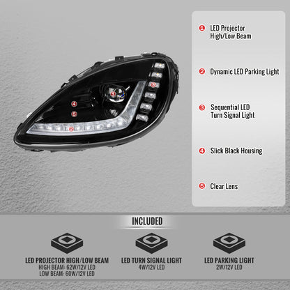 2005-2013 Chevrolet Corvette C6 Projector Headlights w/ Sequential LED Turn Signal and Park Lights with Startup Animation (Black Housing / Clear Lens)
