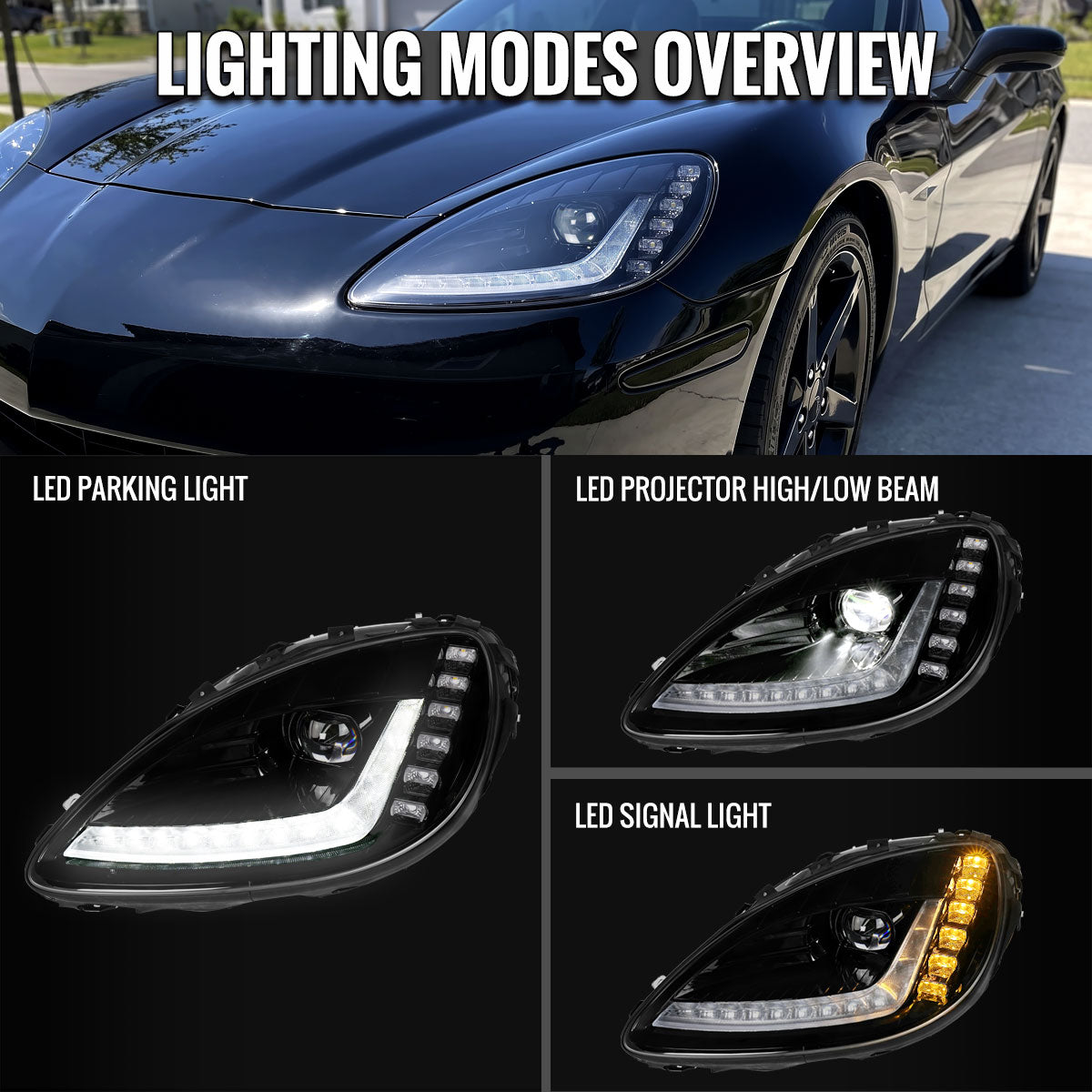 2005-2013 Chevrolet Corvette C6 Projector Headlights w/ Sequential LED Turn Signal and Park Lights with Startup Animation (Black Housing / Clear Lens)