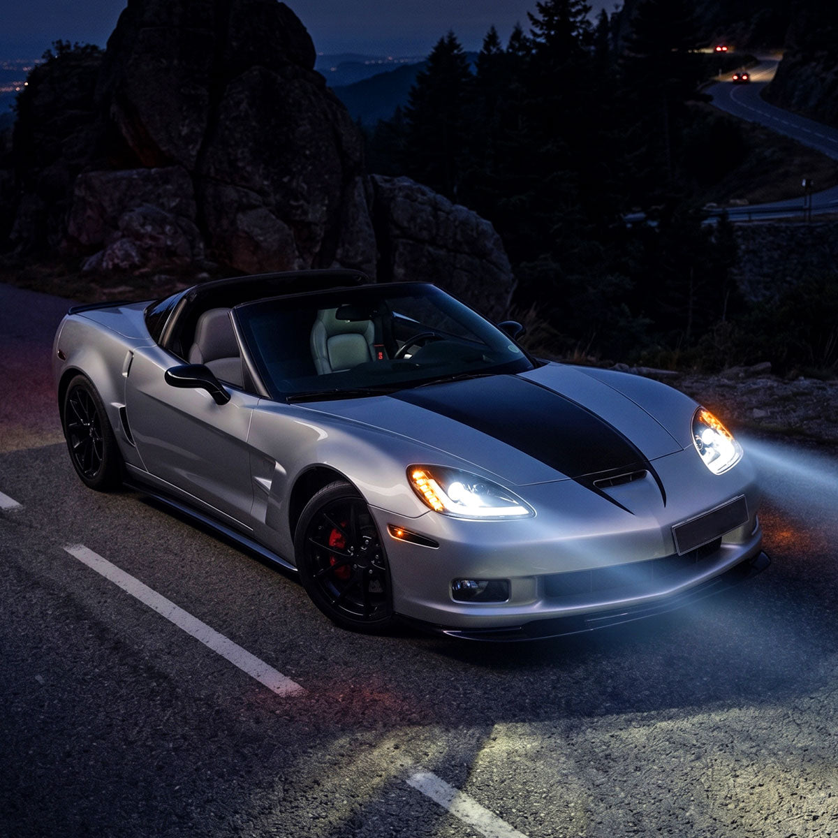 2005-2013 Chevrolet Corvette C6 Projector Headlights w/ Sequential LED Turn Signal and Park Lights with Startup Animation (Black Housing / Clear Lens)