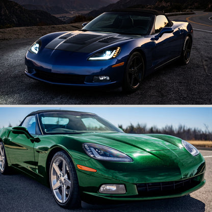 2005-2013 Chevrolet Corvette C6 Projector Headlights w/ Sequential LED Turn Signal and Park Lights with Startup Animation (Black Housing / Clear Lens)