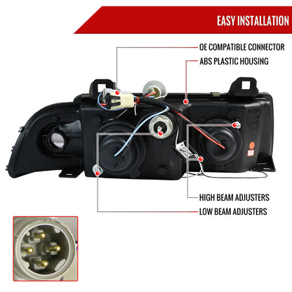 1992-1998 BMW E36 3 Series Coupe/Sedan Dual Halo Projector Headlights (Glossy Black Housing/Smoked Lens)