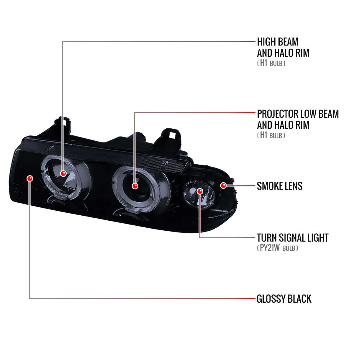 1992-1998 BMW E36 3 Series Coupe/Sedan Dual Halo Projector Headlights (Glossy Black Housing/Smoked Lens)