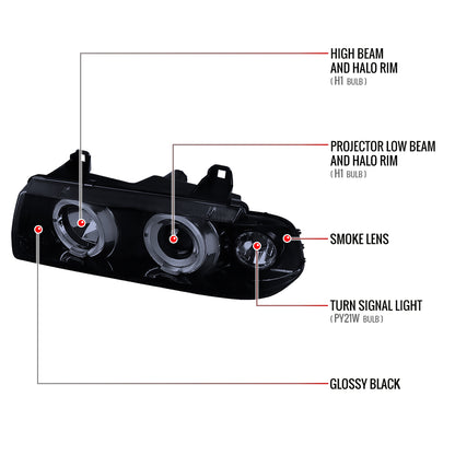 1992-1998 BMW E36 3 Series Coupe/Sedan Dual Halo Projector Headlights (Glossy Black Housing/Smoked Lens)