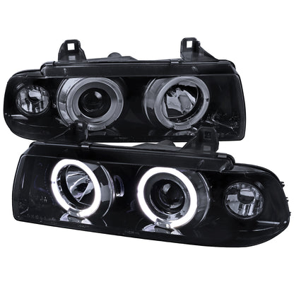 1992-1998 BMW E36 3 Series Coupe/Sedan Dual Halo Projector Headlights (Glossy Black Housing/Smoked Lens)