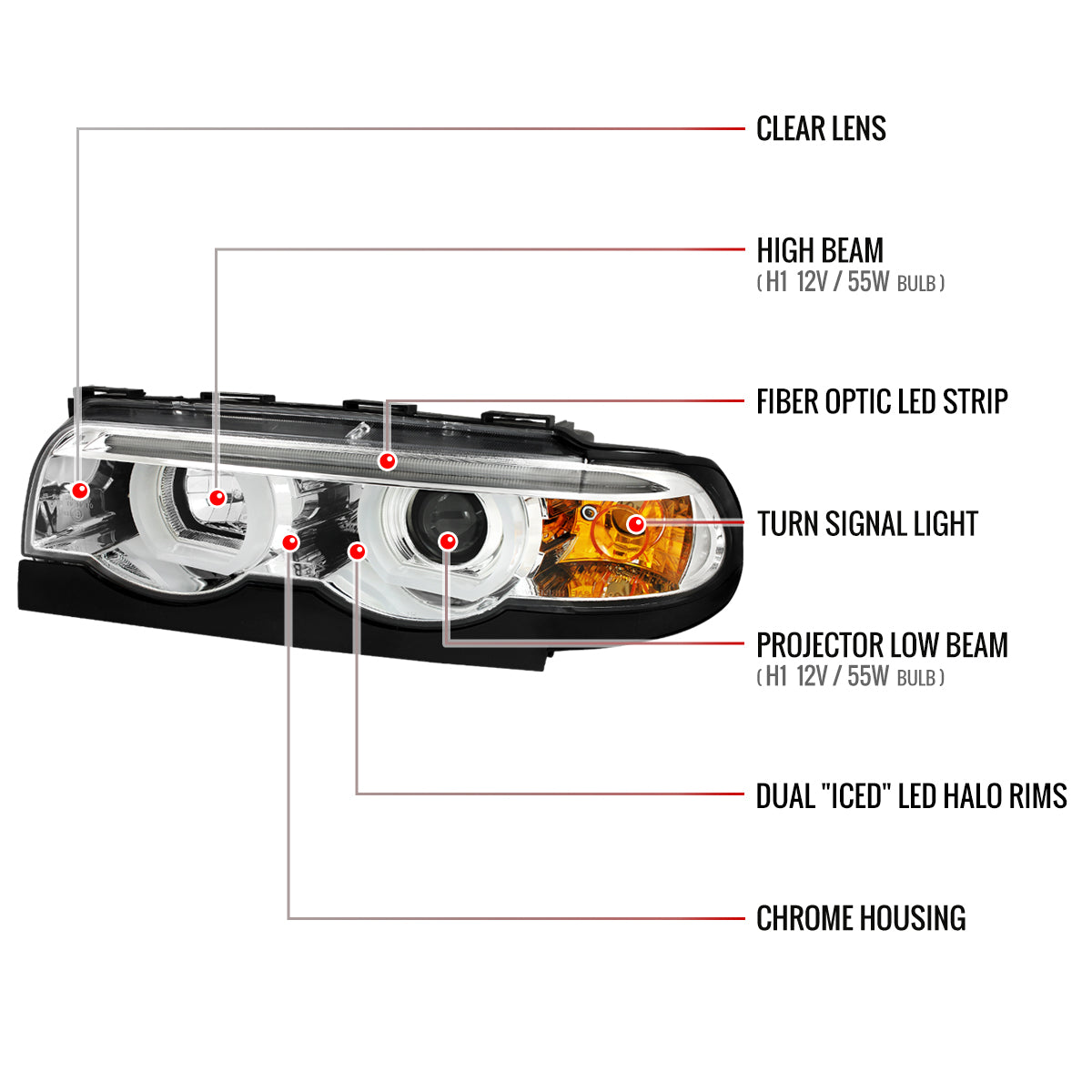 1995-2001 BMW E38 7 Series LED Bar Dual Halo Projector Headlights (Chrome Housing/Clear Lens)