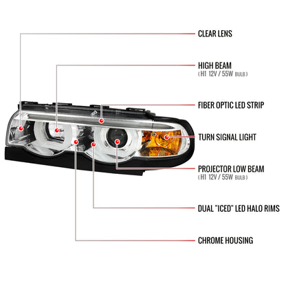 1995-2001 BMW E38 7 Series LED Bar Dual Halo Projector Headlights (Chrome Housing/Clear Lens)
