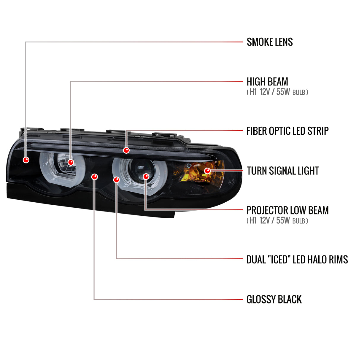 1995-2001 BMW E38 7 Series LED Bar Dual Halo Projector Headlights (Glossy Black Housing/Smoked Lens)