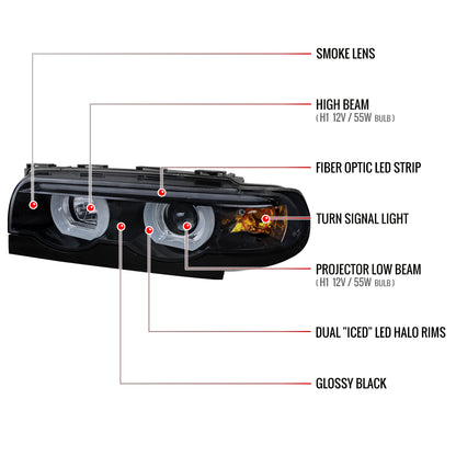 1995-2001 BMW E38 7 Series LED Bar Dual Halo Projector Headlights (Glossy Black Housing/Smoked Lens)