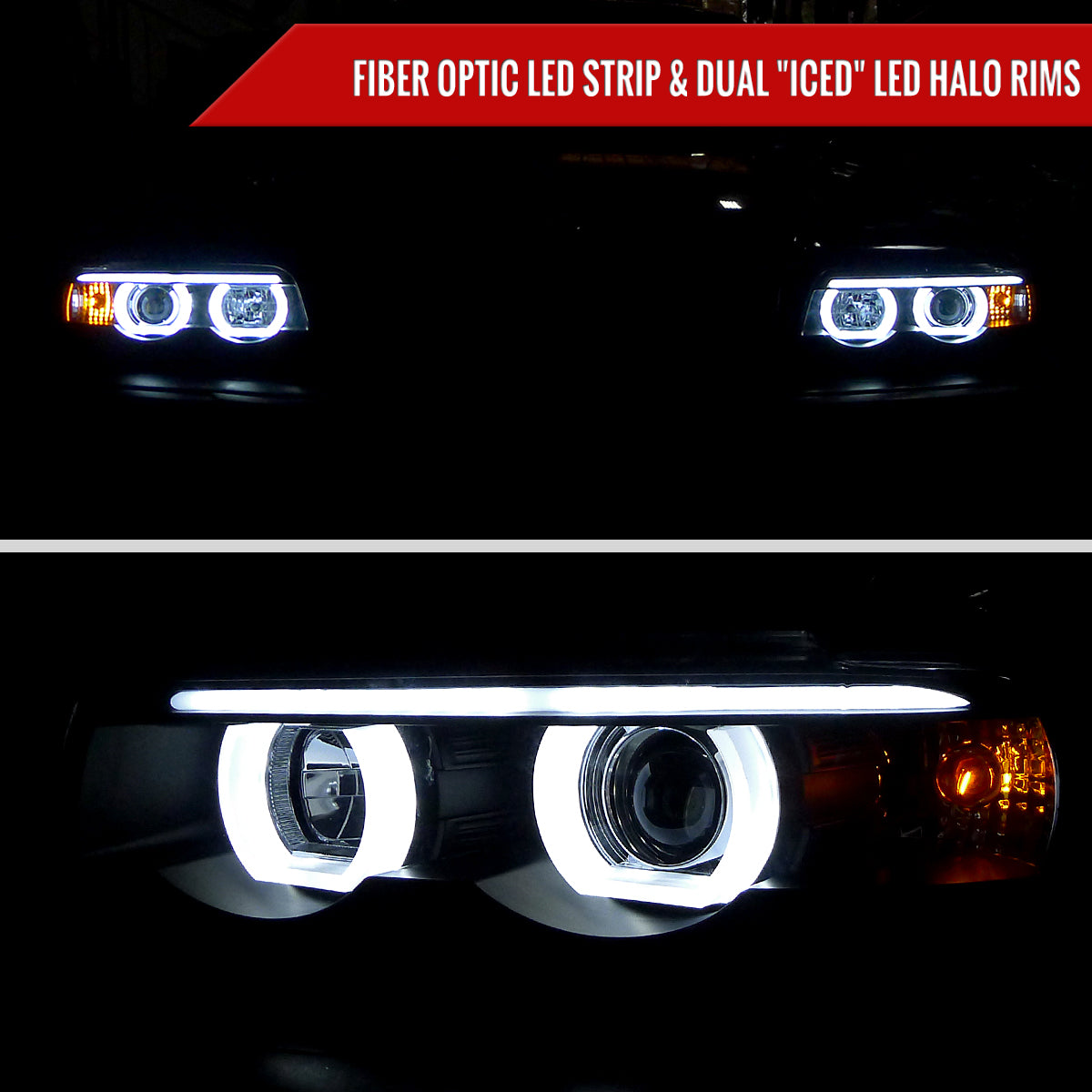 1995-2001 BMW E38 7 Series LED Bar Dual Halo Projector Headlights (Matte Black Housing/Clear Lens)