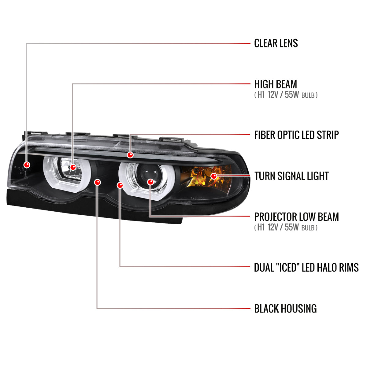 1995-2001 BMW E38 7 Series LED Bar Dual Halo Projector Headlights (Matte Black Housing/Clear Lens)
