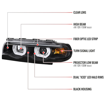 1995-2001 BMW E38 7 Series LED Bar Dual Halo Projector Headlights (Matte Black Housing/Clear Lens)