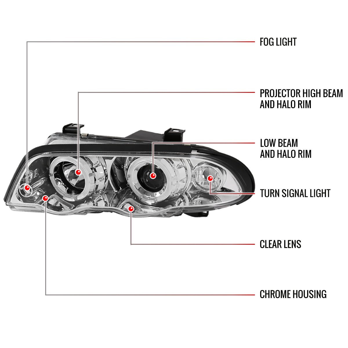 1999-2001 BMW E46 3 Series Sedan Dual Halo Projector Headlights (Chrome Housing/Clear Lens)
