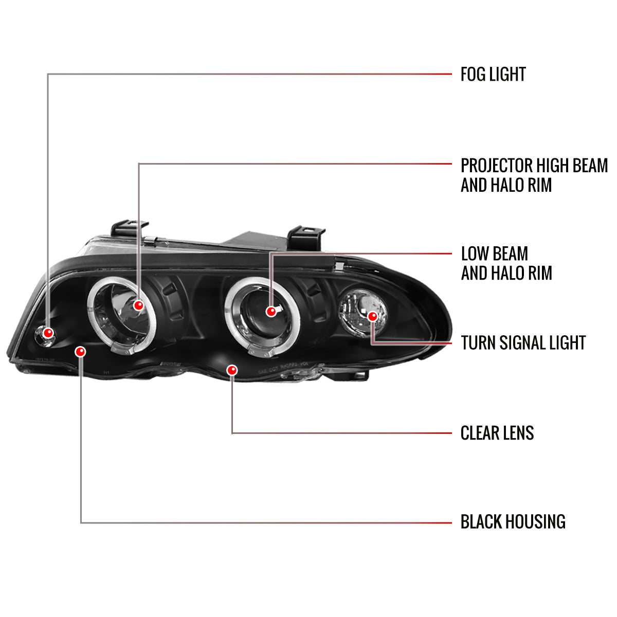 1999-2001 BMW E46 3 Series Sedan Dual Halo Projector Headlights (Matte Black Housing/Clear Lens)