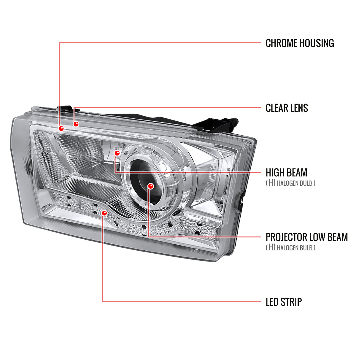 1999-2004 Ford F-250/F-350/F-450/F-550/Excursion Projector Headlights w/ SMD LED Light Strip (Chrome Housing/Clear Lens)
