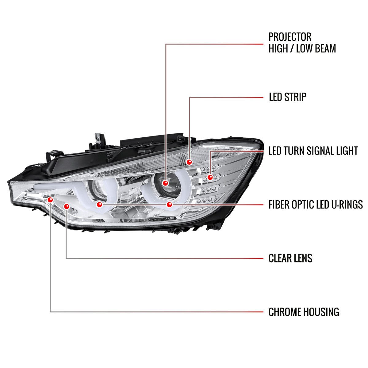 2012-2015 BMW F30 3 Series Sedan Dual LED U-Bar Projector HID-Compatible Headlights w/ LED Turn Signal Lights (Chrome Housing/Clear Lens)