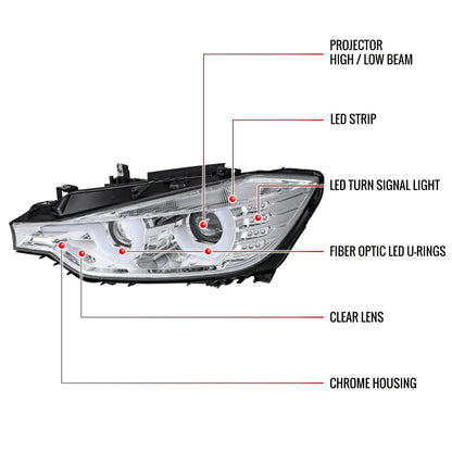 2012-2015 BMW F30 3 Series Sedan Dual LED U-Bar Projector HID-Compatible Headlights w/ LED Turn Signal Lights (Chrome Housing/Clear Lens)