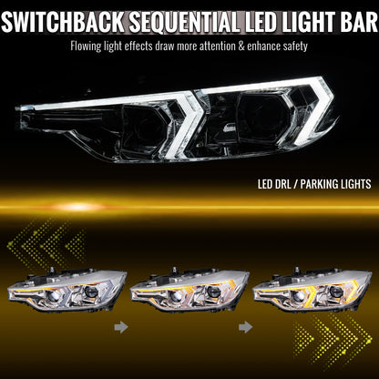 2012-2015 BMW F30 3 Series Sedan Projector Headlights w/ Switchback Sequential LED Turn Signal (Chrome Housing / Clear Lens)