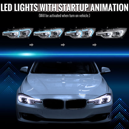 2012-2015 BMW F30 3 Series Sedan Projector Headlights w/ Switchback Sequential LED Turn Signal (Chrome Housing / Clear Lens)