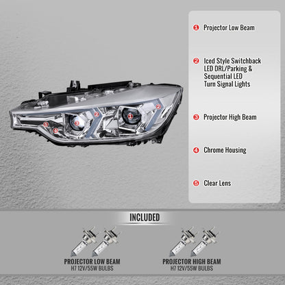 2012-2015 BMW F30 3 Series Sedan Projector Headlights w/ Switchback Sequential LED Turn Signal (Chrome Housing / Clear Lens)