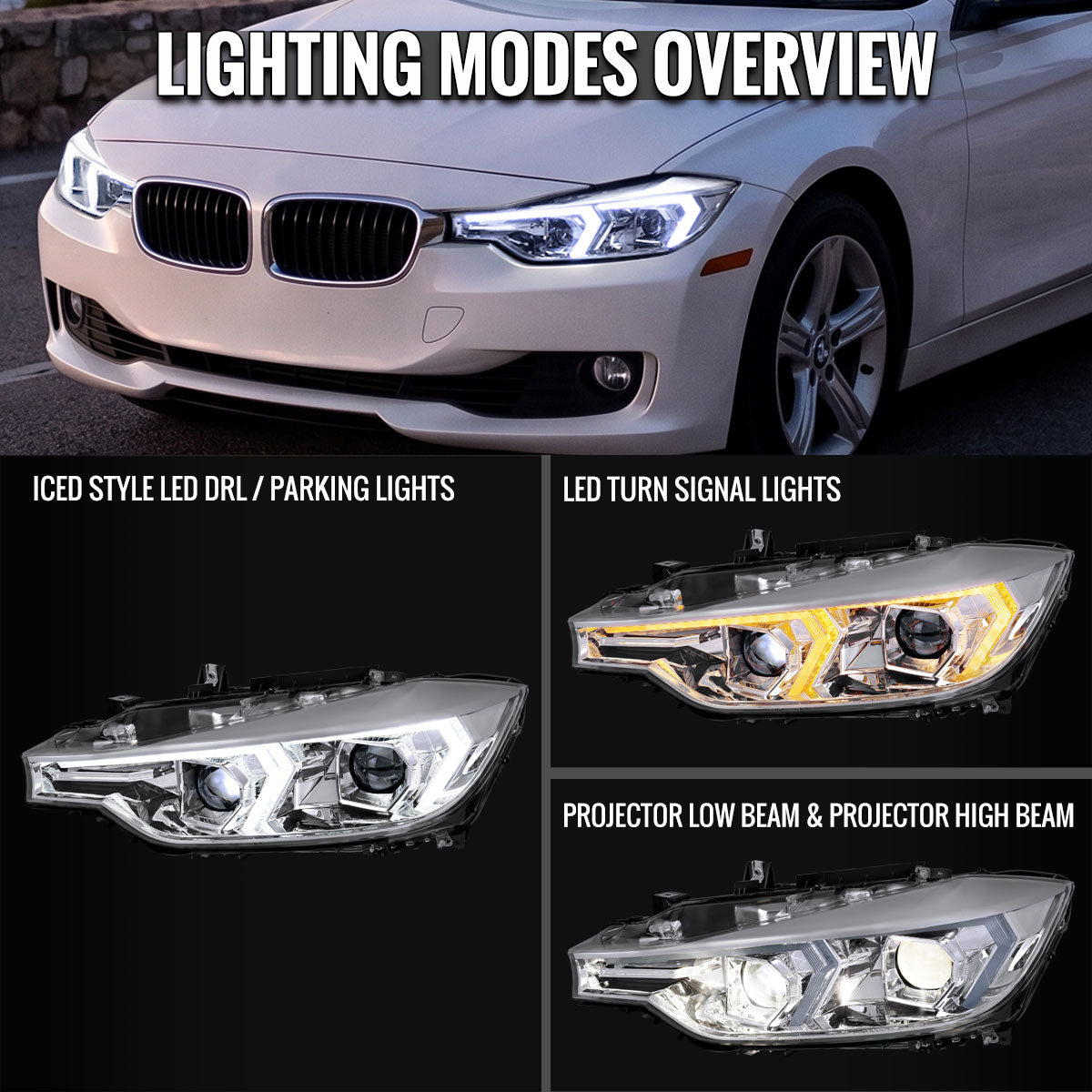 2012-2015 BMW F30 3 Series Sedan Projector Headlights w/ Switchback Sequential LED Turn Signal (Chrome Housing / Clear Lens)
