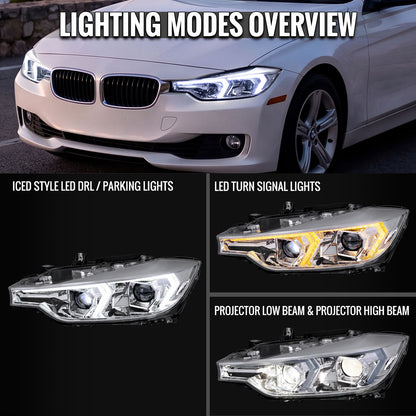 2012-2015 BMW F30 3 Series Sedan Projector Headlights w/ Switchback Sequential LED Turn Signal (Chrome Housing / Clear Lens)