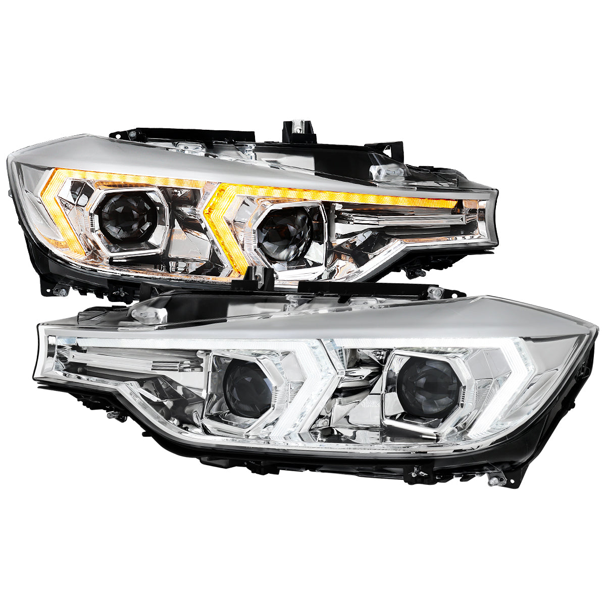 2012-2015 BMW F30 3 Series Sedan Projector Headlights w/ Switchback Sequential LED Turn Signal (Chrome Housing / Clear Lens)