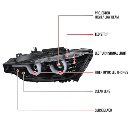 2012-2015 BMW F30 3 Series Sedan Dual LED U-Bar Projector HID-Compatible Headlights w/ LED Turn Signal Lights (Jet Black Housing/Clear Lens)