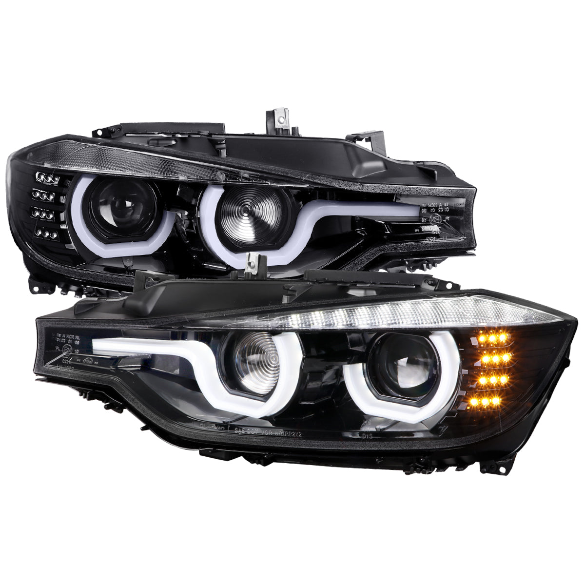 2012-2015 BMW F30 3 Series Sedan Dual LED U-Bar Projector HID-Compatible Headlights w/ LED Turn Signal Lights (Jet Black Housing/Clear Lens)