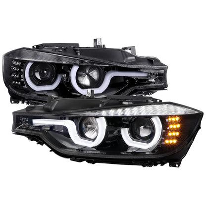 2012-2015 BMW F30 3 Series Sedan Dual LED U-Bar Projector HID-Compatible Headlights w/ LED Turn Signal Lights (Jet Black Housing/Clear Lens)
