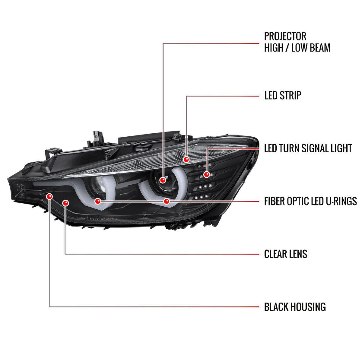 2012-2015 BMW F30 3 Series Sedan Dual LED U-Bar Projector HID-Compatible Headlights w/ LED Turn Signal Lights (Matte Black Housing/Clear Lens)