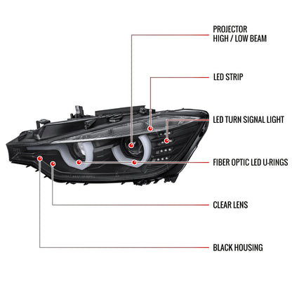 2012-2015 BMW F30 3 Series Sedan Dual LED U-Bar Projector HID-Compatible Headlights w/ LED Turn Signal Lights (Matte Black Housing/Clear Lens)