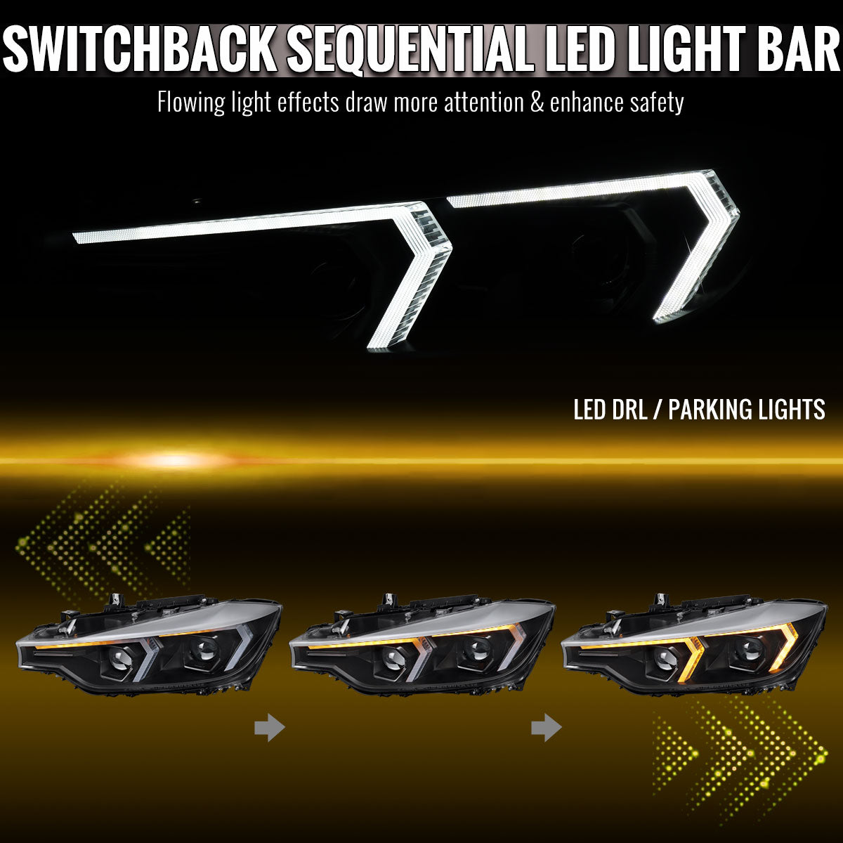 2012-2015 BMW F30 3 Series Sedan Projector Headlights w/ Switchback Sequential LED Turn Signal (Black Housing / Clear Lens)