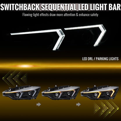 2012-2015 BMW F30 3 Series Sedan Projector Headlights w/ Switchback Sequential LED Turn Signal (Black Housing / Clear Lens)
