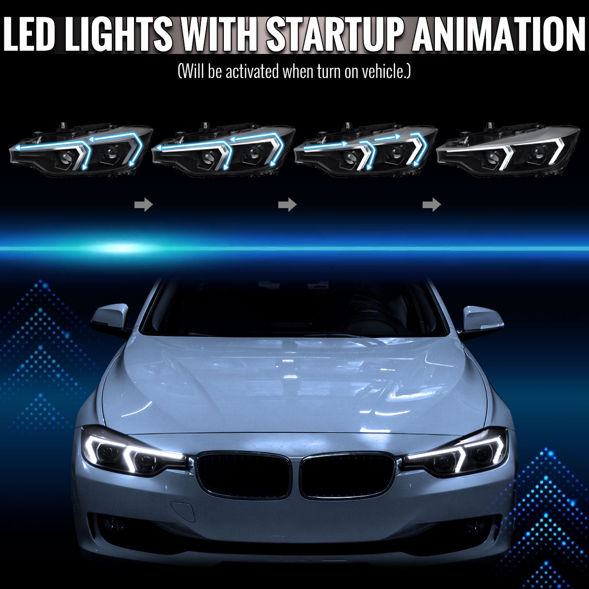 2012-2015 BMW F30 3 Series Sedan Projector Headlights w/ Switchback Sequential LED Turn Signal (Black Housing / Clear Lens)