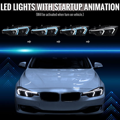 2012-2015 BMW F30 3 Series Sedan Projector Headlights w/ Switchback Sequential LED Turn Signal (Black Housing / Clear Lens)