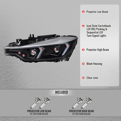 2012-2015 BMW F30 3 Series Sedan Projector Headlights w/ Switchback Sequential LED Turn Signal (Black Housing / Clear Lens)