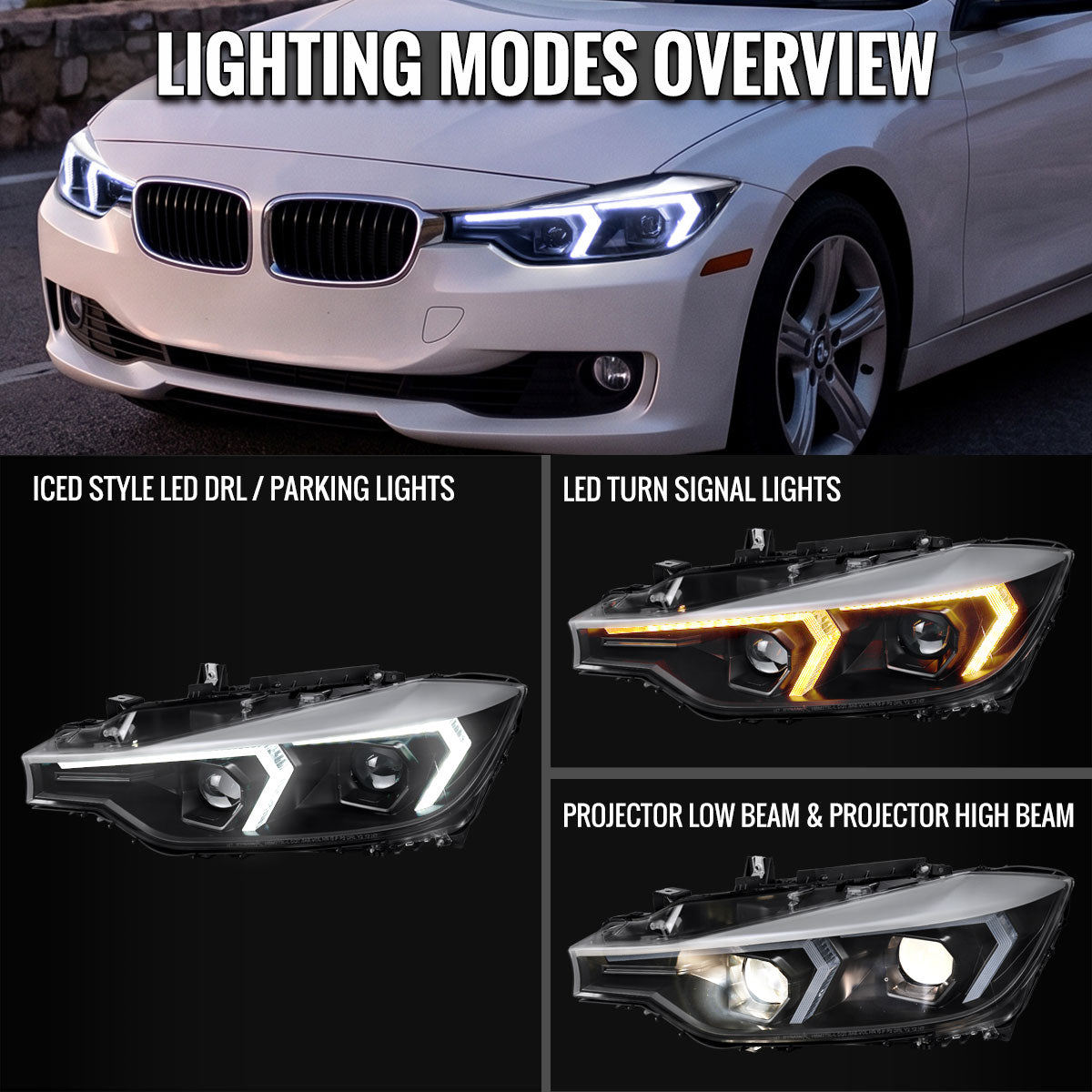 2012-2015 BMW F30 3 Series Sedan Projector Headlights w/ Switchback Sequential LED Turn Signal (Black Housing / Clear Lens)