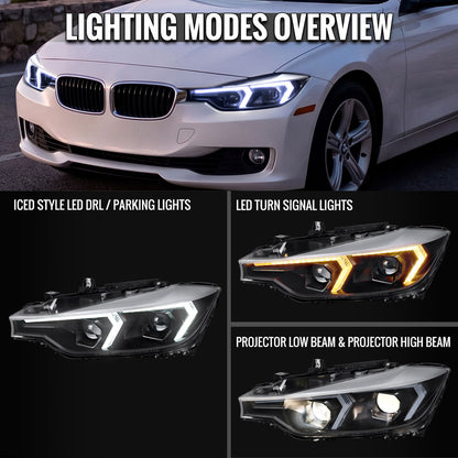 2012-2015 BMW F30 3 Series Sedan Projector Headlights w/ Switchback Sequential LED Turn Signal (Black Housing / Clear Lens)