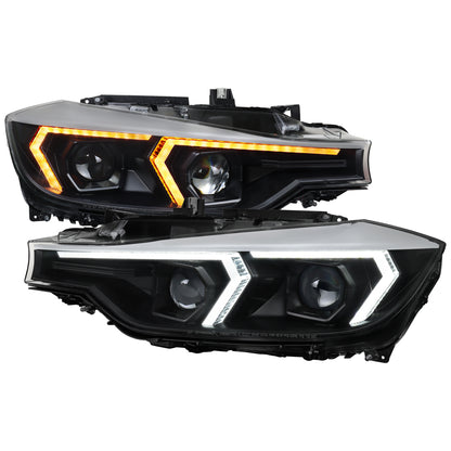 2012-2015 BMW F30 3 Series Sedan Projector Headlights w/ Switchback Sequential LED Turn Signal (Black Housing / Clear Lens)