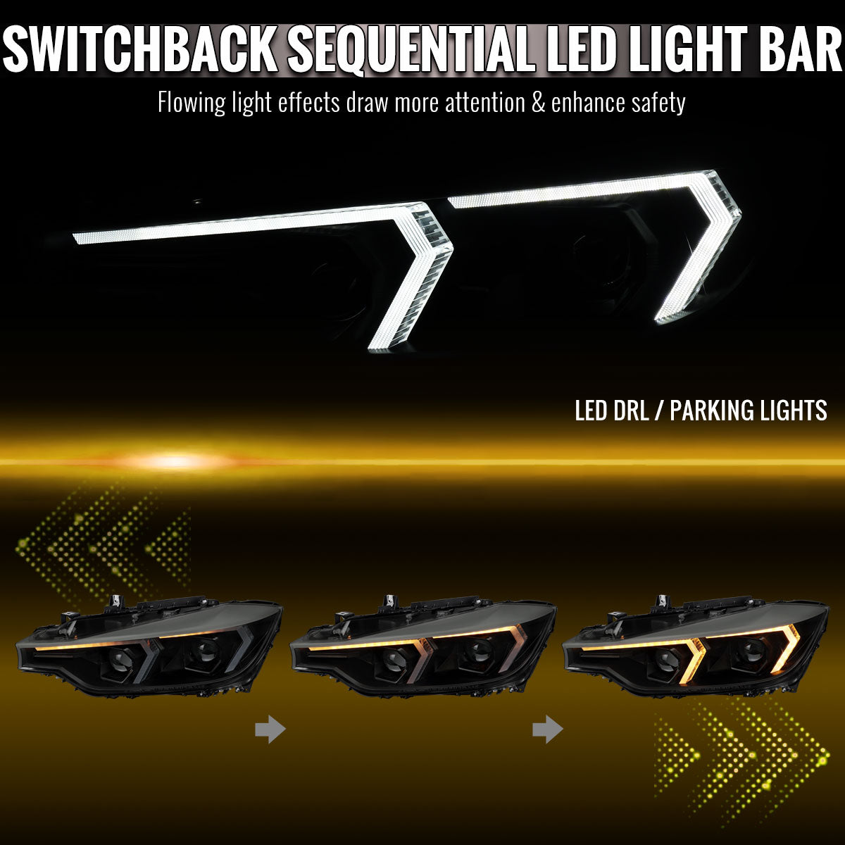 2012-2015 BMW F30 3 Series Sedan Projector Headlights w/ Switchback Sequential LED Turn Signal (Black Housing / Smoked Lens)