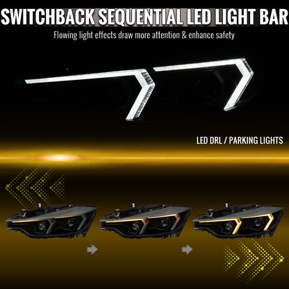 2012-2015 BMW F30 3 Series Sedan Projector Headlights w/ Switchback Sequential LED Turn Signal (Black Housing / Smoked Lens)