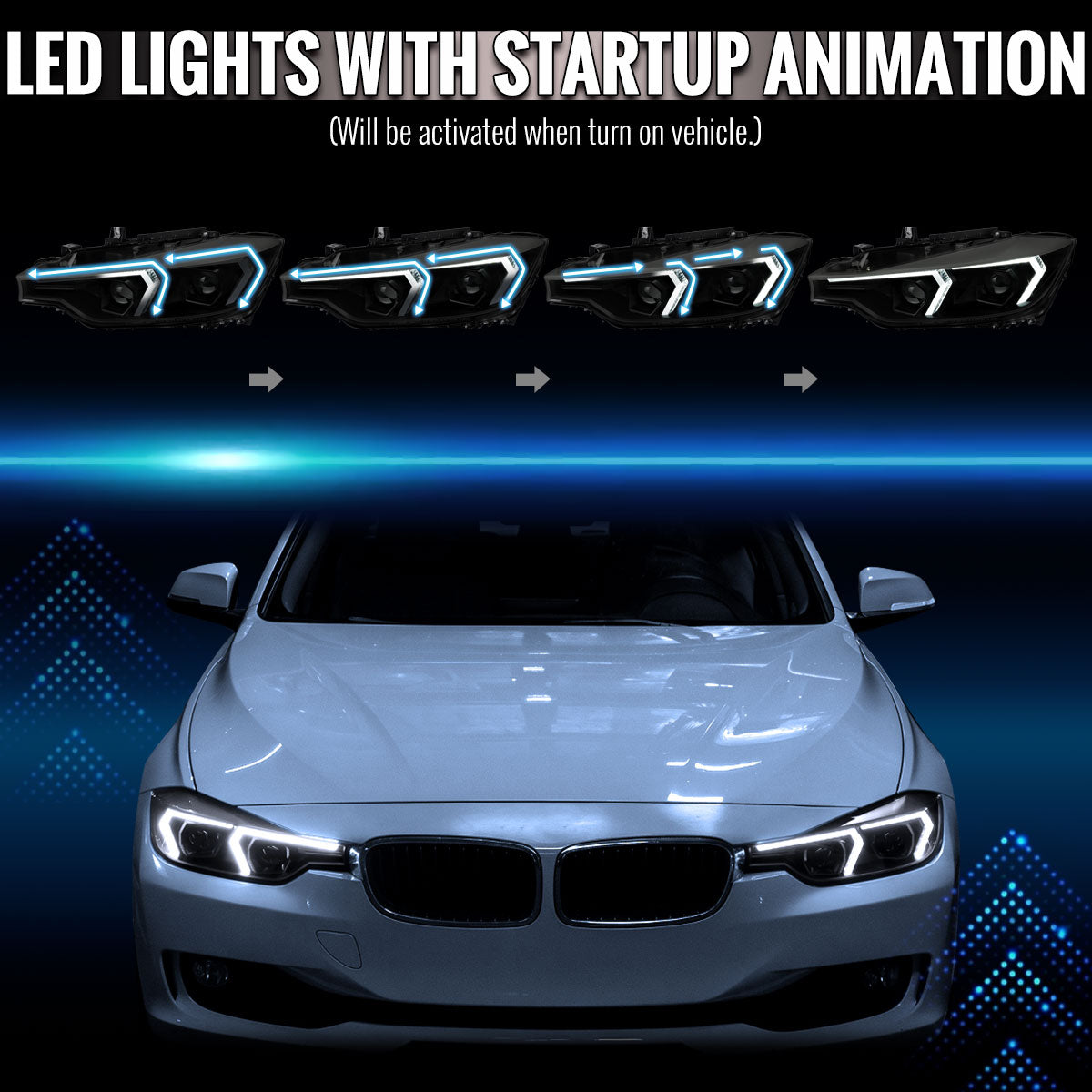 2012-2015 BMW F30 3 Series Sedan Projector Headlights w/ Switchback Sequential LED Turn Signal (Black Housing / Smoked Lens)
