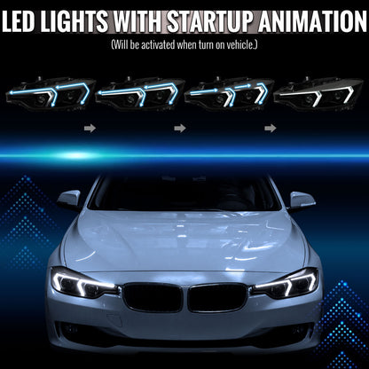 2012-2015 BMW F30 3 Series Sedan Projector Headlights w/ Switchback Sequential LED Turn Signal (Black Housing / Smoked Lens)