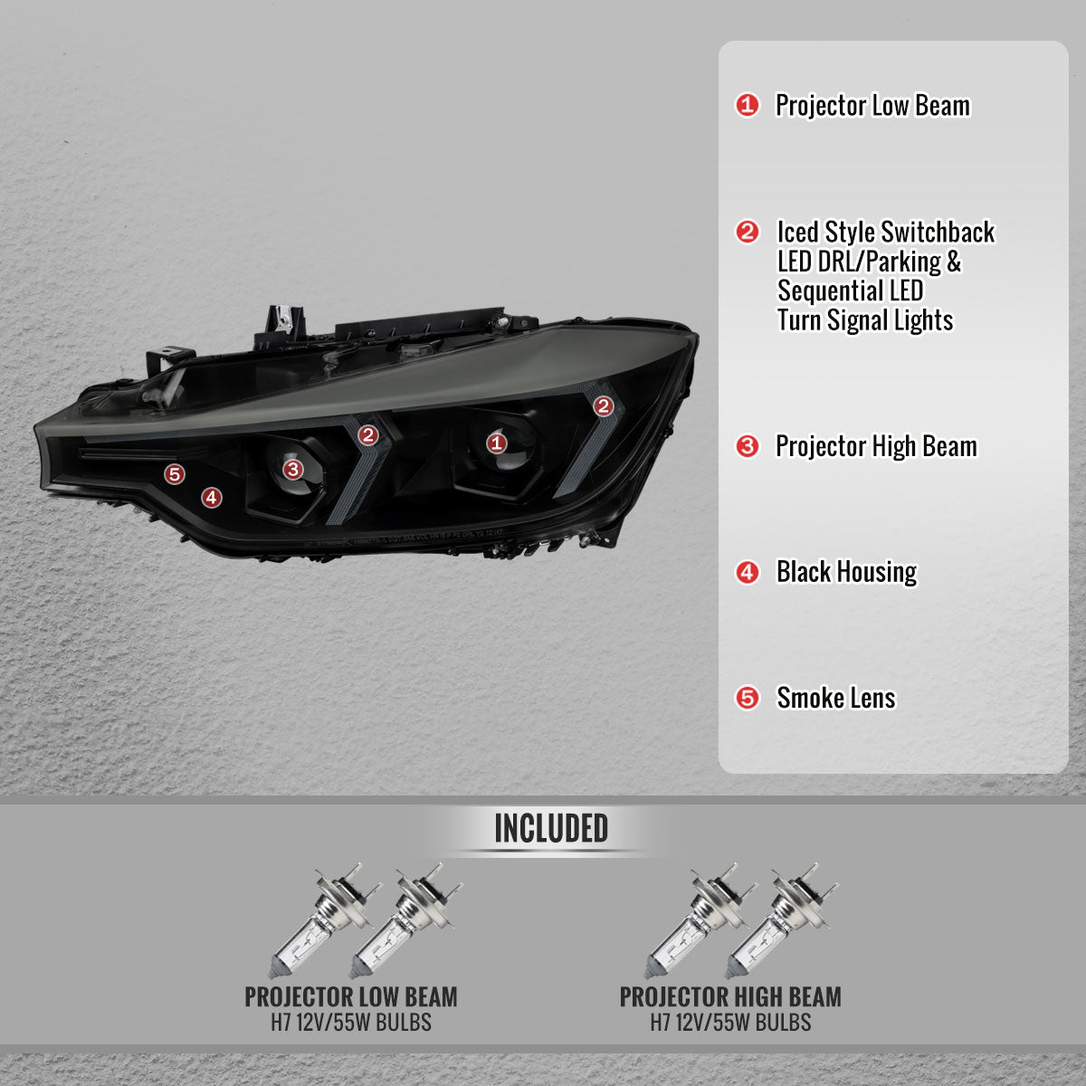 2012-2015 BMW F30 3 Series Sedan Projector Headlights w/ Switchback Sequential LED Turn Signal (Black Housing / Smoked Lens)