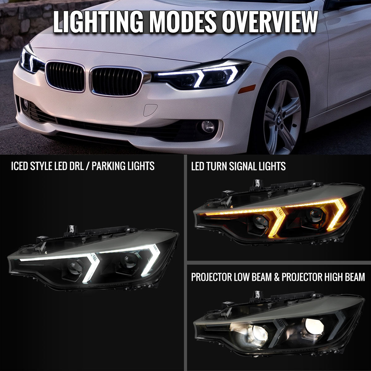 2012-2015 BMW F30 3 Series Sedan Projector Headlights w/ Switchback Sequential LED Turn Signal (Black Housing / Smoked Lens)