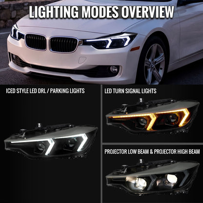 2012-2015 BMW F30 3 Series Sedan Projector Headlights w/ Switchback Sequential LED Turn Signal (Black Housing / Smoked Lens)
