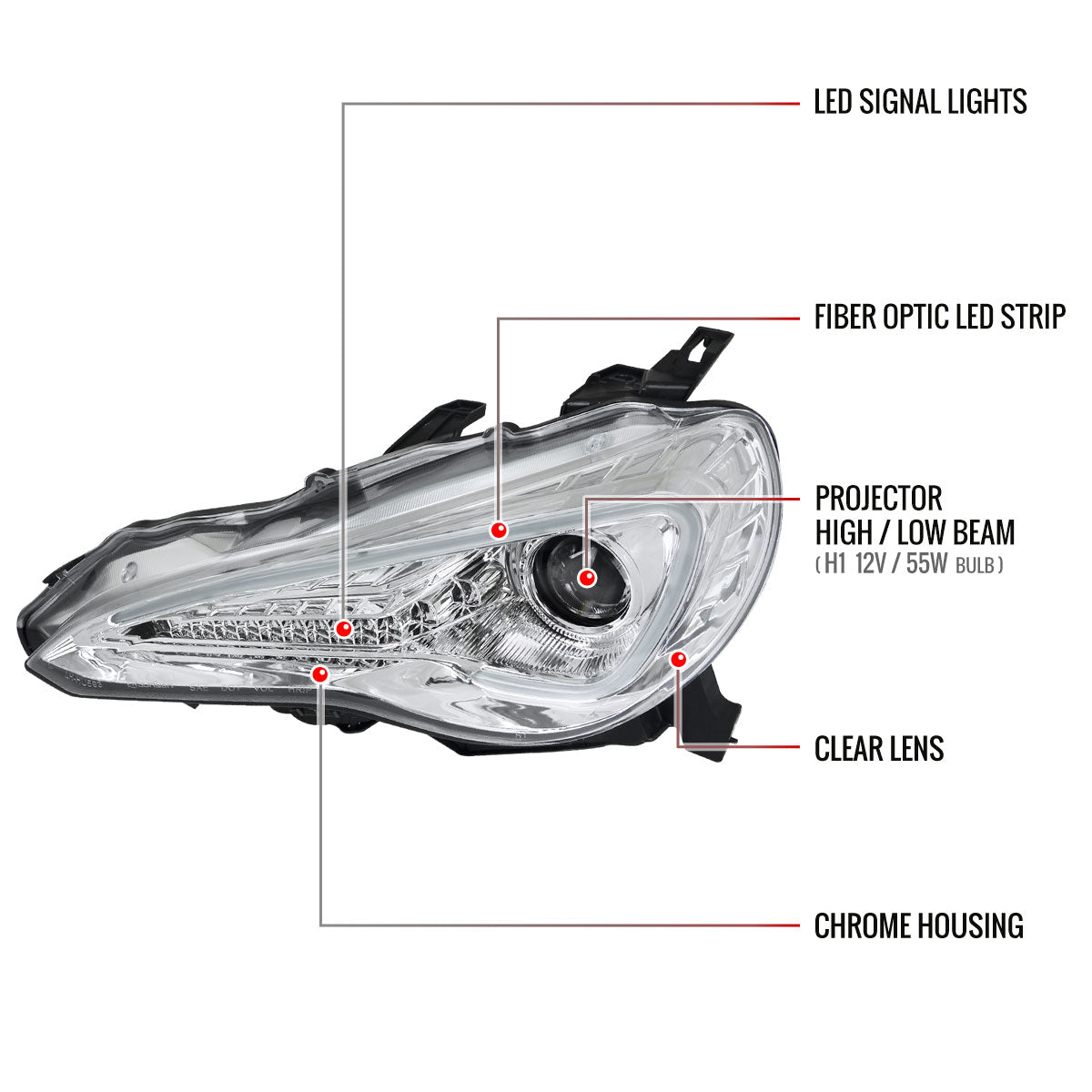 2012-2017 Scion FRS/ Toyota 86 Projector Headlights w/ LED Strip & Turn Signal Lights (Chrome Housing/Clear Lens)