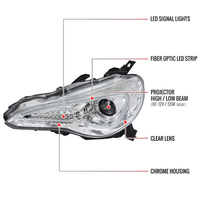 2012-2017 Scion FRS/ Toyota 86 Projector Headlights w/ LED Strip & Turn Signal Lights (Chrome Housing/Clear Lens)