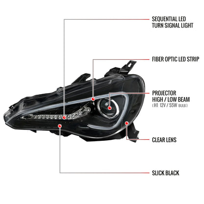 2012-2017 Scion FRS/ Toyota 86 LED Bar Projector Headlights w/ Sequential Turn Signal Lights (Jet Black Housing/Clear Lens)