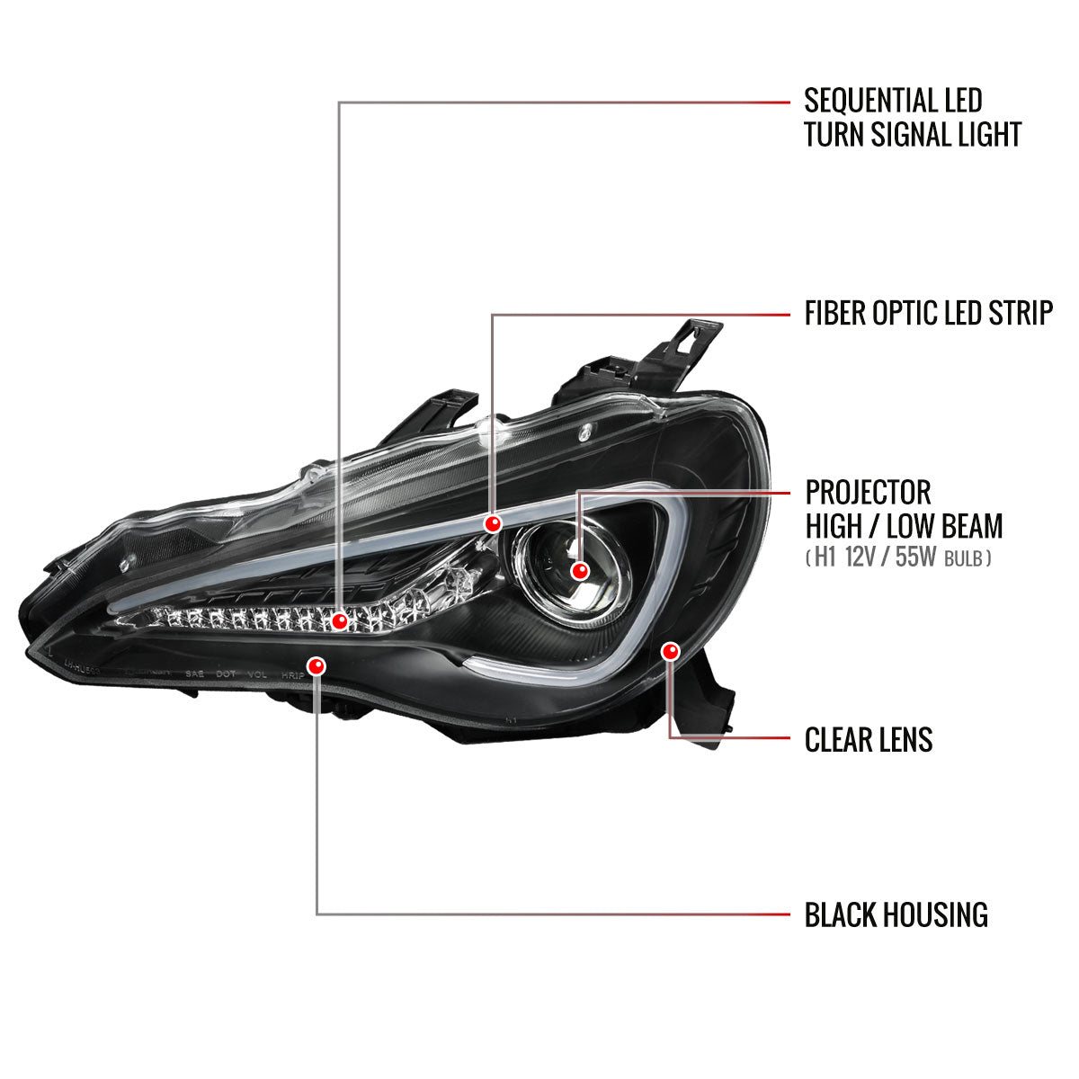 2012-2017 Toyota 86 Scion FR-S LED Bar Projector Headlights w/ Sequential Turn Signal Lights (Matte Black Housing/Clear Lens)